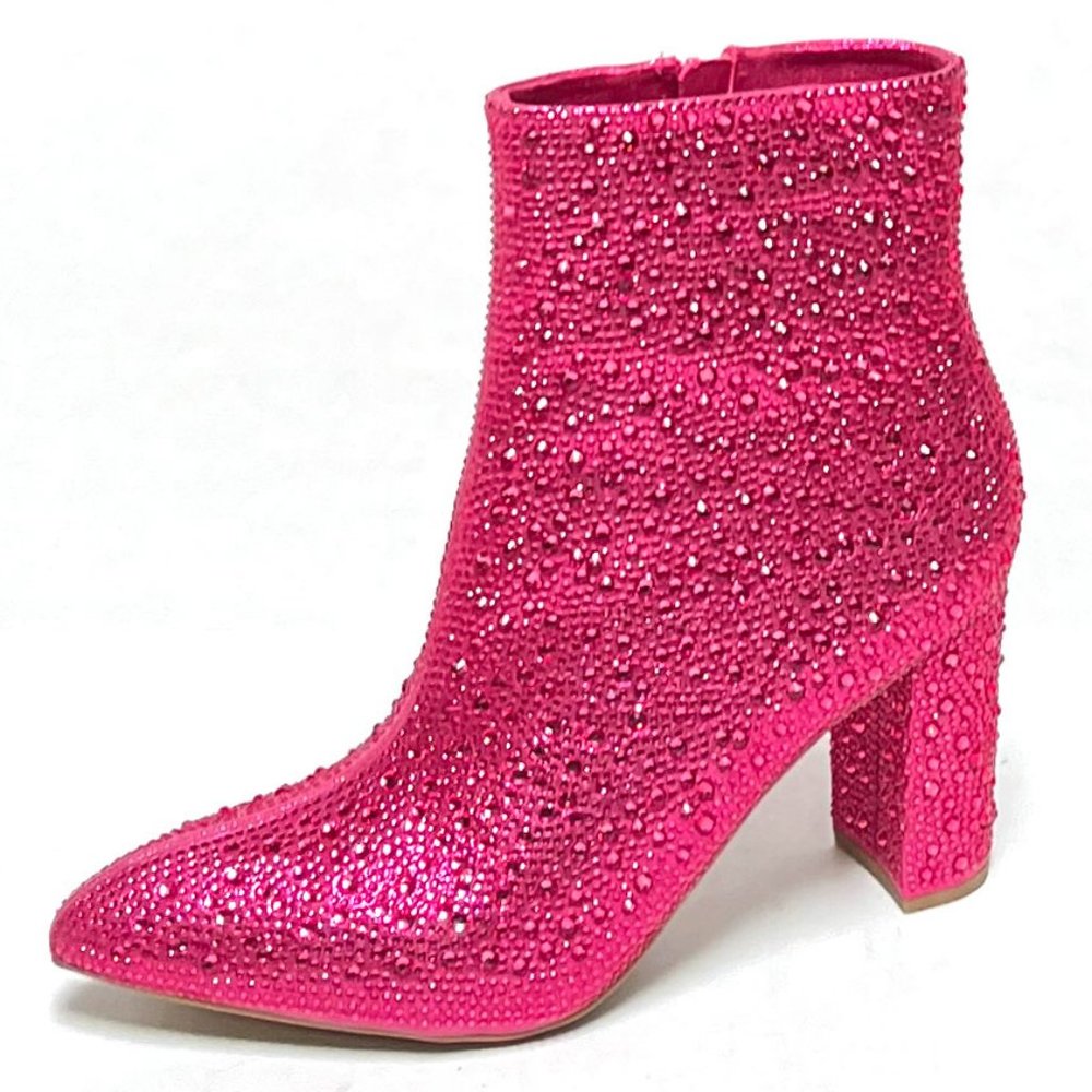Embellished Hot Pink Block Heel Ankle Boots